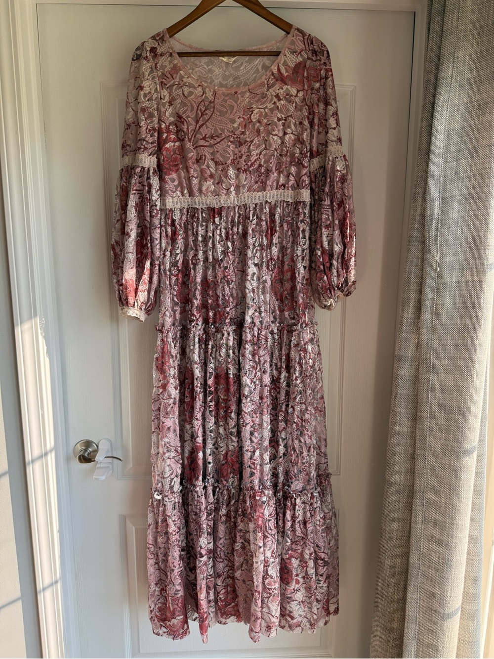 Joyfolie Pink Floral Lace-Trim Tiered Maxi Dress
